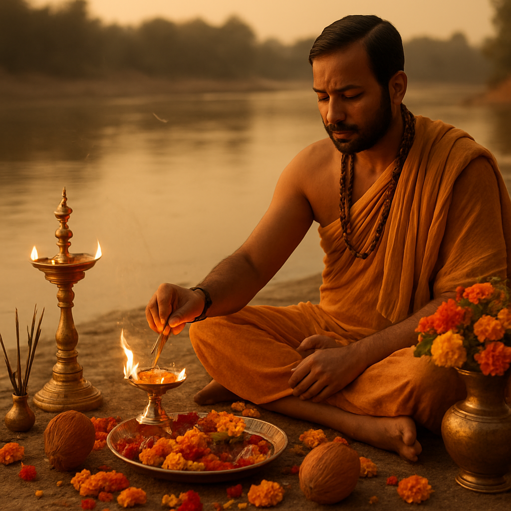 Traditional Hindu puja ritual with sacred offerings