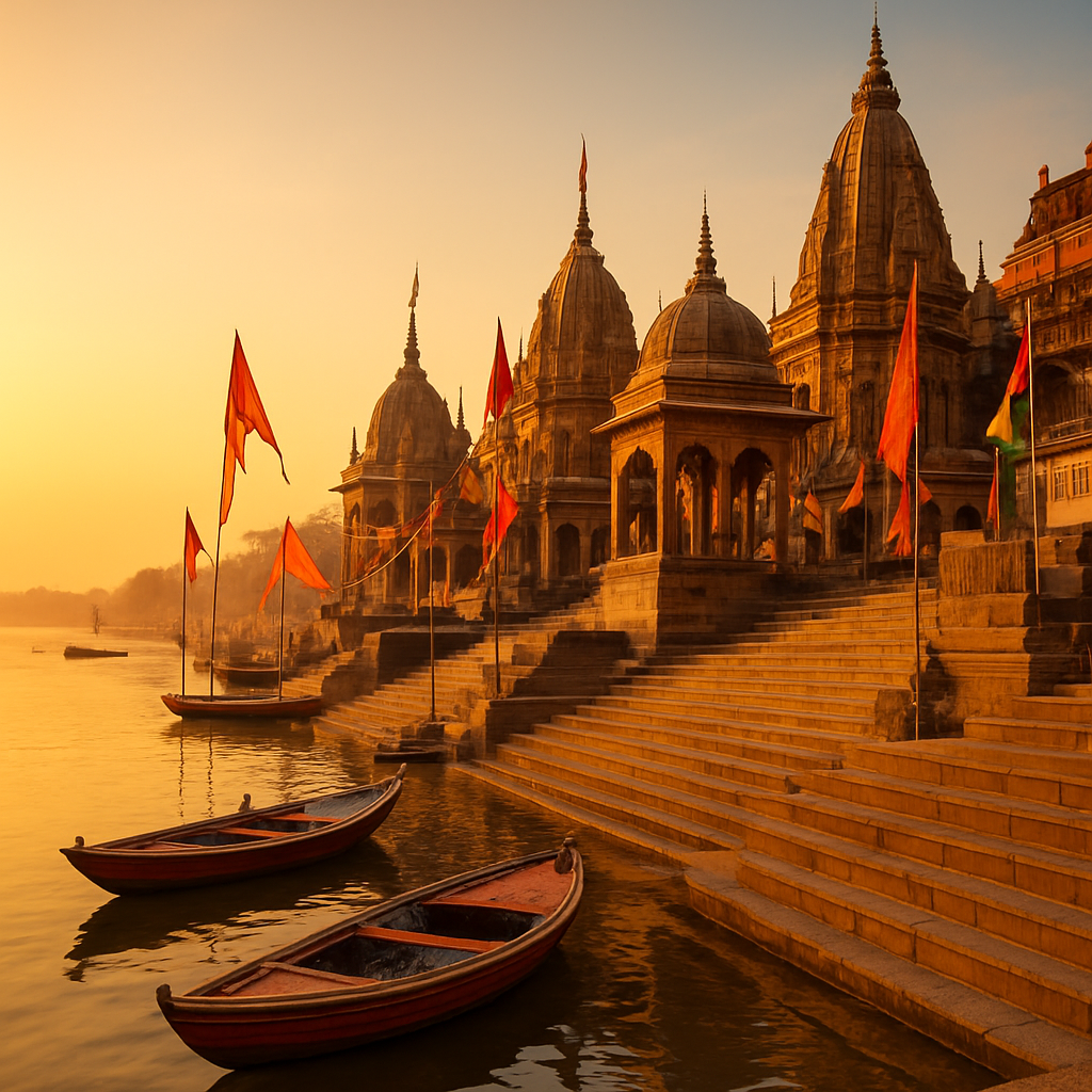 Beautiful traditional ghat with temples at Rajahmundry